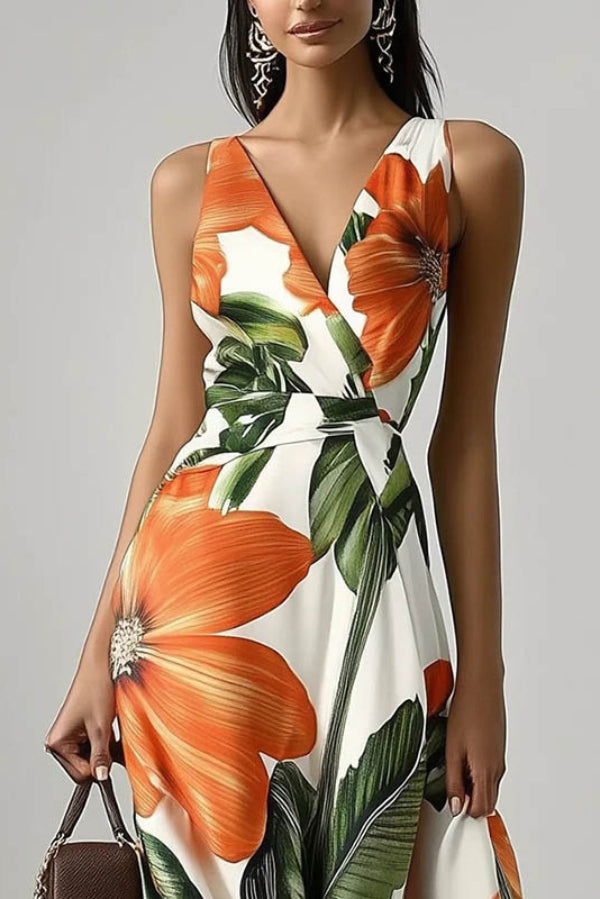 Floral Print V-neck Sleeveless Fitted Waist Vacation Maxi Dress