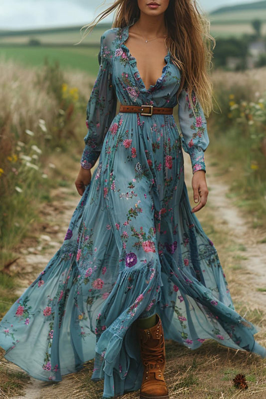 Floral Print V-neck Long-sleeved Bohemian Vacation Style Maxi Dress
