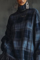 Pld Print High-Neck Long-Sleeve Loose Ruffle Mini Dress