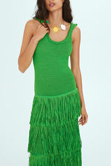 Solid Color Sleeveless Slim Fit Fringed Hem Knitted Midi Dress