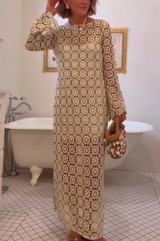 Summer Fashion Floral Crochet Cutout Fabric Long Sleeve Slit Vacation Midi Dress