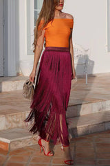 Elegant Tassel Hem Elastic Waist Casual Maxi Skirt