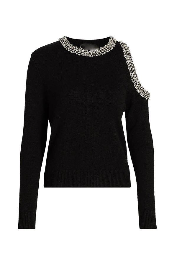 Holiday Party Knit Crystal-Embellished Cut-out Shoulder Long Sleeve Top