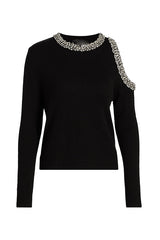 Holiday Party Knit Crystal-Embellished Cut-out Shoulder Long Sleeve Top