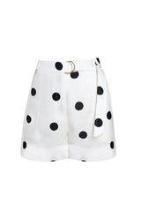 Gabby Linen Blend Polka Dot Tie-up Lapel Halter Vest and Metal Ring Belt Loose Shorts Set