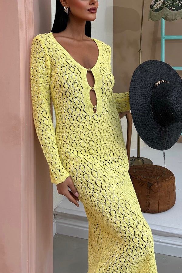 Fashion V-neck Long-sleeved Hollow Slim Maxi Dress