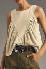 Solid Color Round Neck Sleeveless Pleated Loose Vest