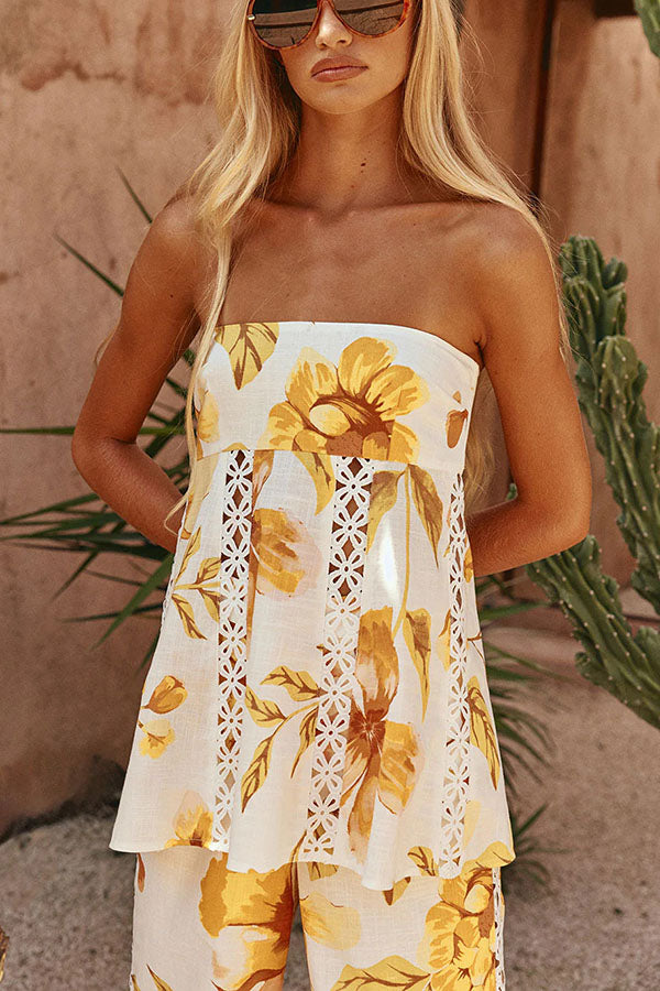 Lorde Linen Blend Floral Print Cutout Trim A-line Tank and High Rise Pocket Wide Leg Pants Set