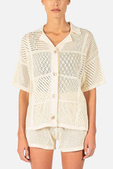 Solid Color Casual Cutout Button Shirt and Elastic Waist Drawstring Shorts Set