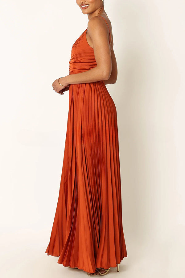A Dreamy Escape Satin Adjustable Straps Pleated Maxi Dress