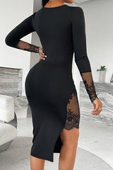 Sexy Lace Paneled Square Neck Slim-fit Slit Midi Dress