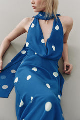 Fashion Polka Dot Print Sexy Halter Neck Backless Maxi Dress