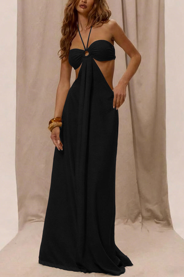 Solid Color Halter Neck Cutout Casual Loose Wide-leg Jumpsuit