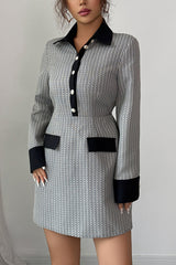 Fashion Button Long Sleeve Waist Elegant Mini Dress