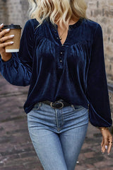 Solid Color Velvet V-neck Long-sleeved Loose Button Top