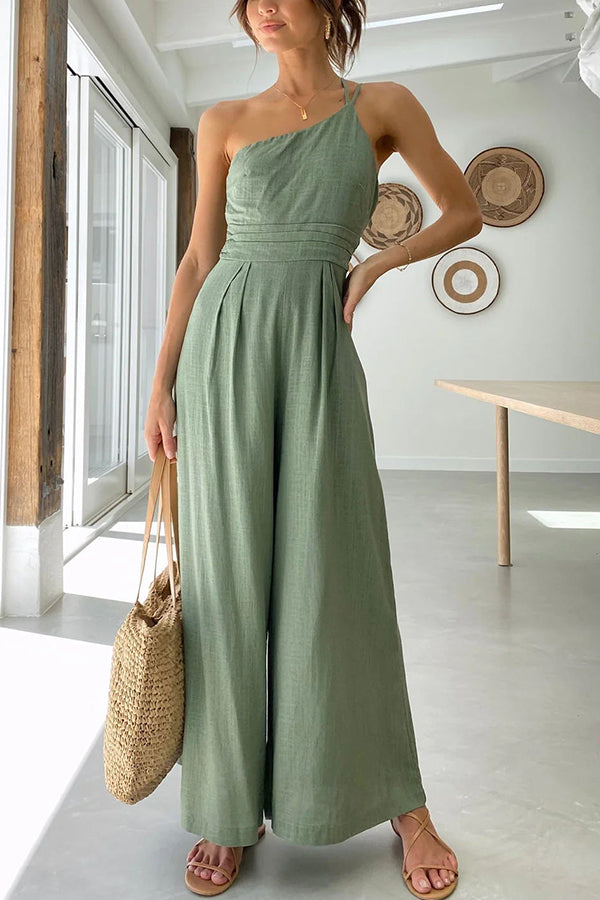 Angela One Shoulder Two Thin Straps Wige Leg Jumpsuit