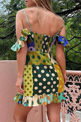 Chic Color Block Dot Print Invisible Zipper Strap Mini Dress