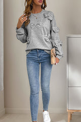 Solid Color Bow Embellished Casual Long-sleeved Loose Sweatshirt