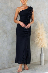 Fashion One-shoulder Pleated Sexy High Slit Slim Dress