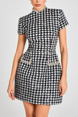 Eve Check Bouclé-tweed Fabric Pearl Trim Short Sleeve Pocketed Mini Dress