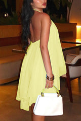 Chiffon Solid Color Halter Backless Irregular Mini Dress