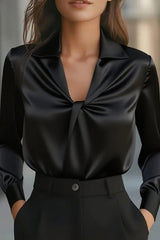 Satin Solid Color Pleated Long-sleeved Casual Shirt