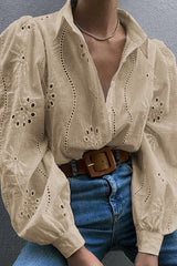 Fashion Hollow Puff Sleeve Casual Lapel Loose Shirt