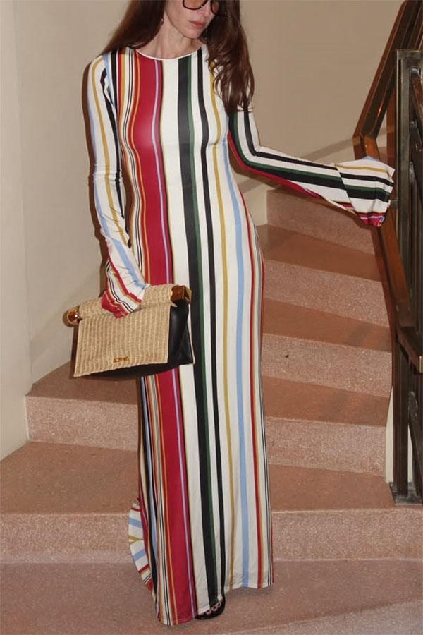 Vibrant Holiday Colorful Striped Print Extra Long Sleeve Fitted Flared Maxi Dress
