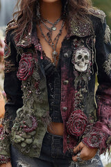 Unique Printed Lapel Long-sleeved Personalized Denim Jacket