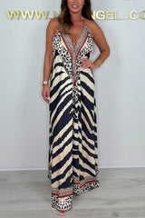 Unique Print V-neck Open Back Loose Maxi Dress
