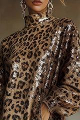 Stylish Leopard Print Sequined Turtleneck Long-sleeved Tassel Hem Loose Mini Dress