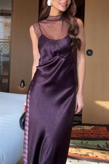 Remeah Mesh Satin Patchwork High Neck Back Cutout Button Maxi Dress