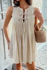 Solid Color Sleeveless Tie Pleated Casual Mini Dress