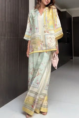 Elonie Satin Floral Print V-neck Half Sleeve Top and Elastic Waist Wide Leg Pants Set