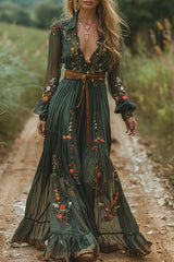 Bohemian Floral Print Lapel Long-sleeved Maxi Dress