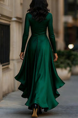 Solid Color Satin V-neck Long-sleeved Elegant Ruffled Maxi Dress
