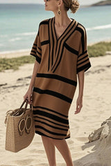 Fashion Striped Print V-neck Loose Holiday Midi Dress