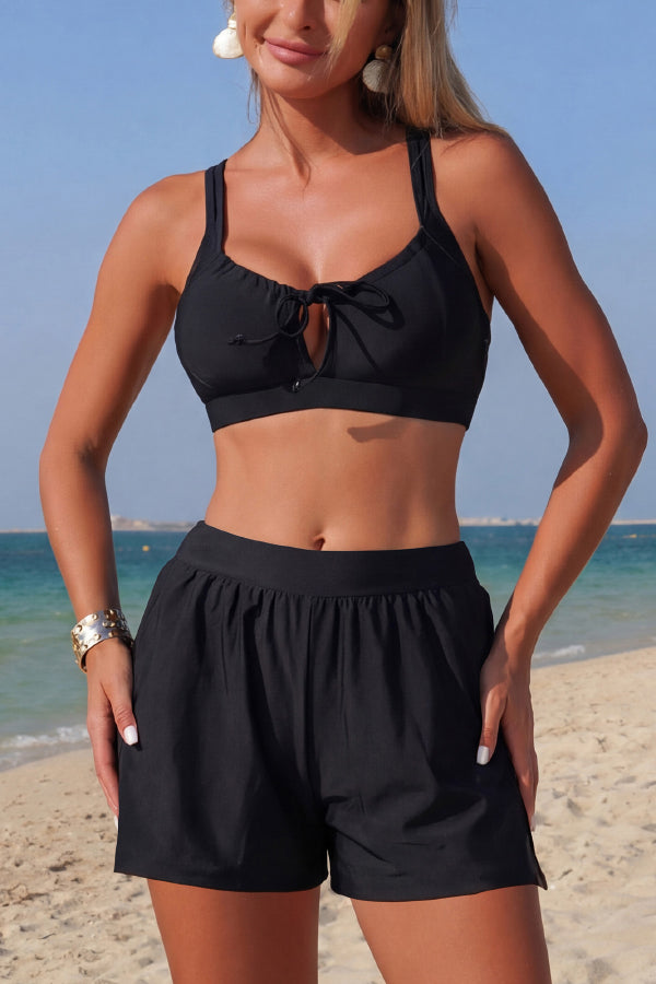 Solid Color Camisole Top and Loose Shorts Two-piece Stretch Bikini Swimsuit