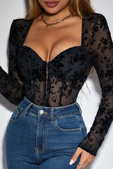 Sexy See-through Lace Long-sleeved Single-breasted Slim-fit Rompers