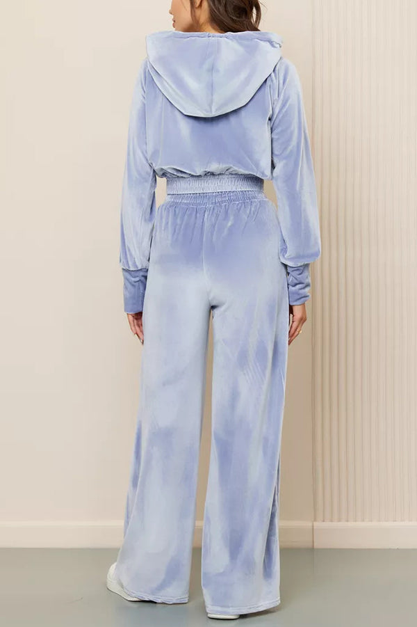 Solid Color Velvet Hooded Zip-up Sweatshirt and Elastic Waist Casual Pocket Straight-leg Pants Set