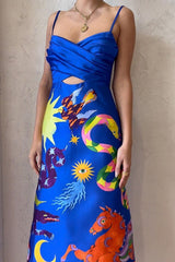 Main Stage Unique Printed Ruched Cross Over Detail Strap Midi Dress