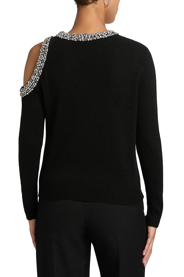 Holiday Party Knit Crystal-Embellished Cut-out Shoulder Long Sleeve Top