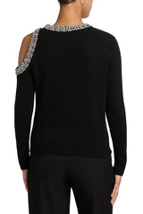 Holiday Party Knit Crystal-Embellished Cut-out Shoulder Long Sleeve Top