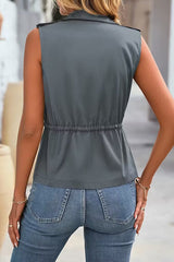 Fashionable Casual Zipper Drawstring Pocket Sleeveless Vest Jacket