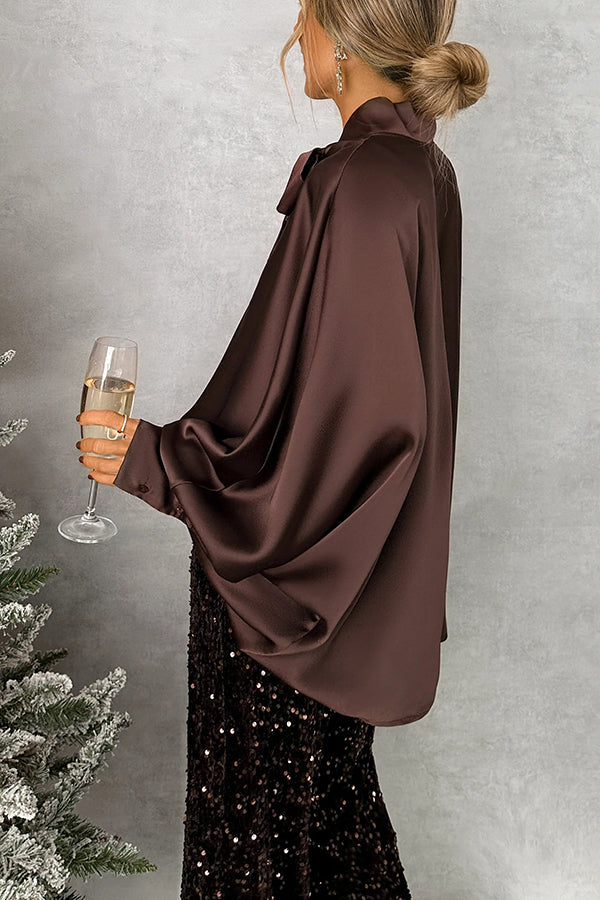 Chic and Merry Satin Bow Neck Batwing Sleeve Loose-fitting Blouse