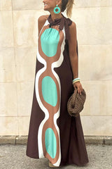 Unique Print Sleeveless Halter Neck Loose Holiday Maxi Dress