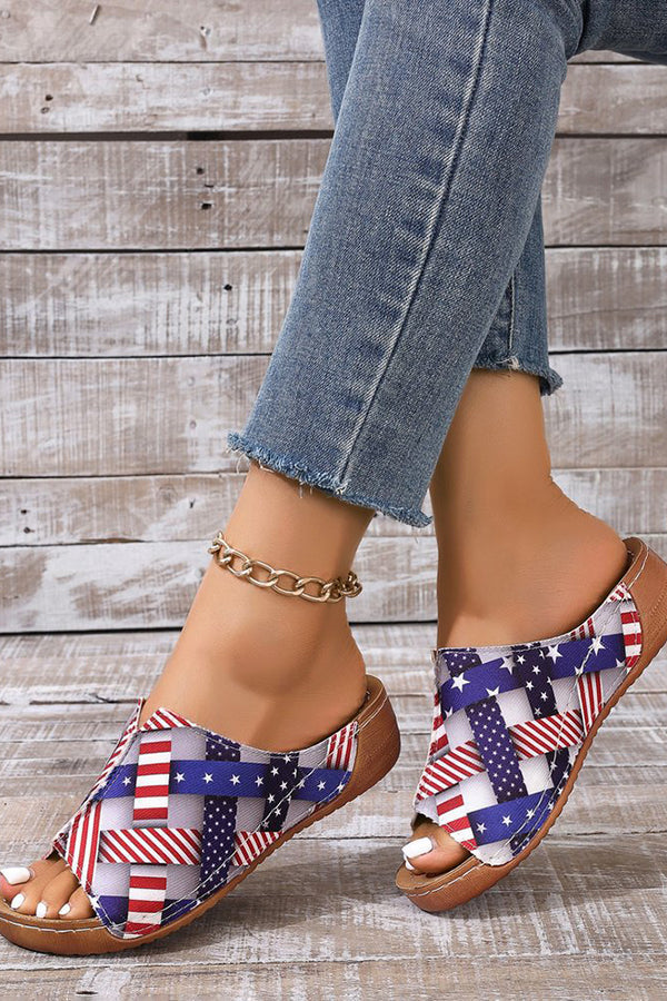 Independence Day Stars and Stripes Wedge Heel Peep Toe Slides
