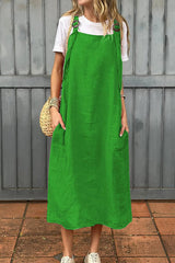 Linen Blend Fashion Adjustable Straps Casual Pocket Midi Dress
