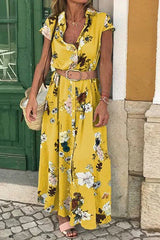 Fo Lady Floral Shirt Midi Dress belt Included