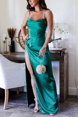 Timeless Luxurious Feel Satin Corset Cowl Bust Slit Maxi Dress